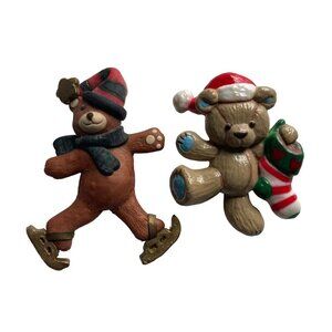Vintage Teddy Bear Christmas Brooch Pins Lot of 2 Ice Skating Gibson Greetings
